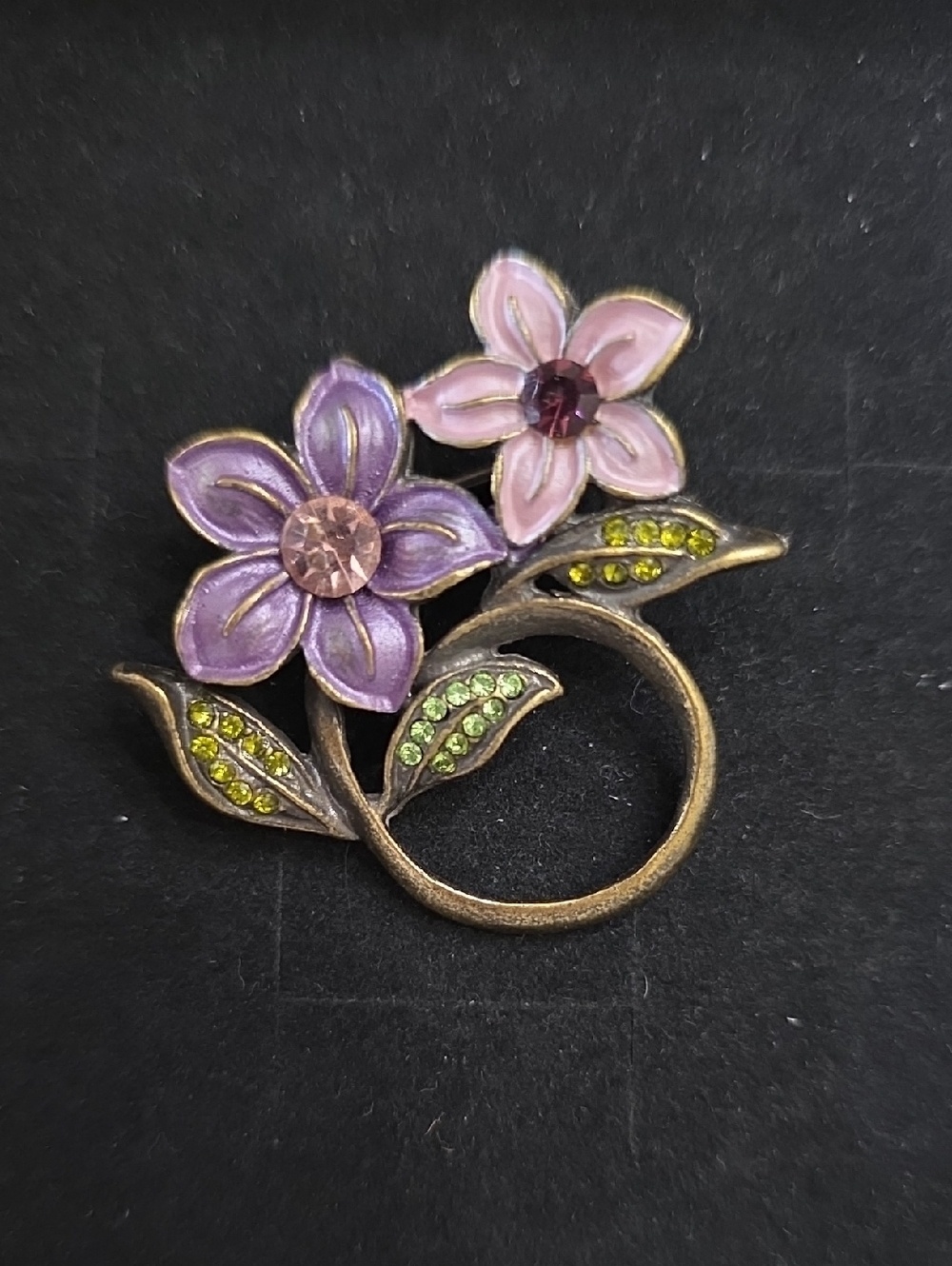 Vintage Floral Wisteria Enamel & Rhinestone Pin On Gold-Tone Open Circle Frame